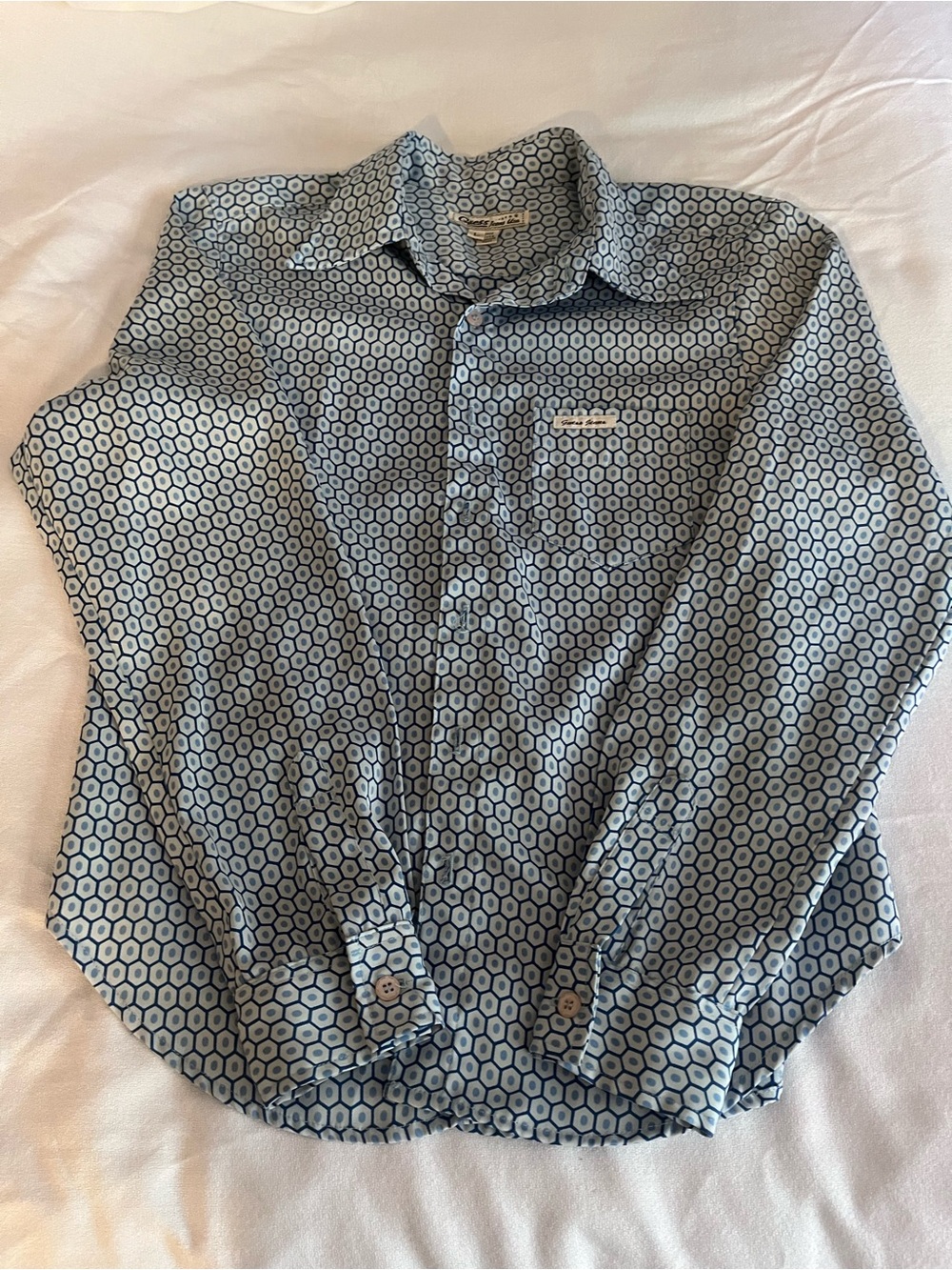 Guess womanโs Light Blue Geometric Button-Down Shirt